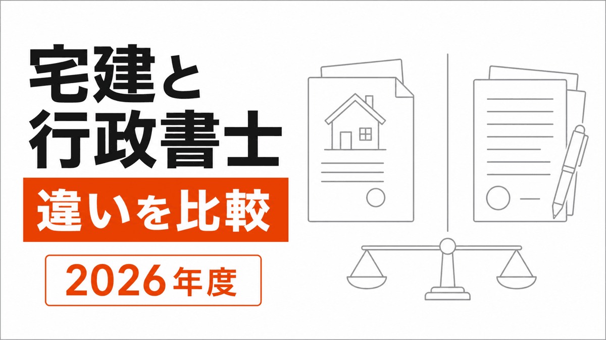 不動産契約書と官公署への申請書を左右に並べ、宅建と行政書士の違いを比較する記事カバー
