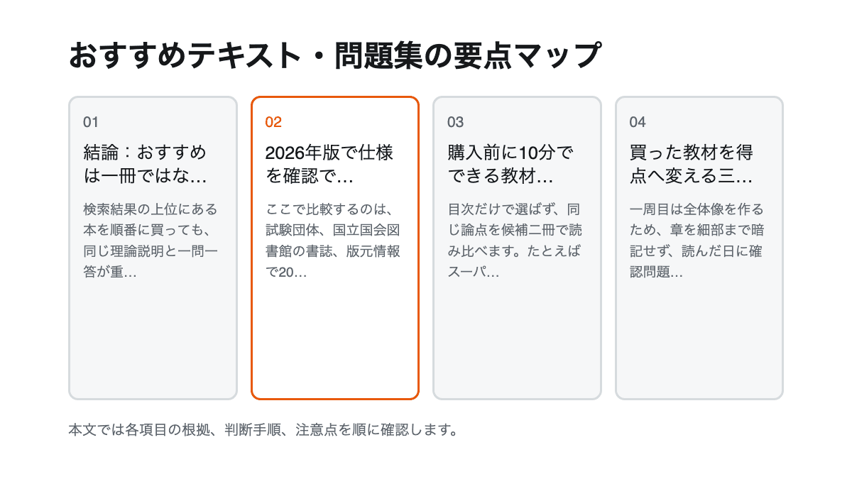 おすすめテキスト・問題集の要点を4項目で整理した図解
