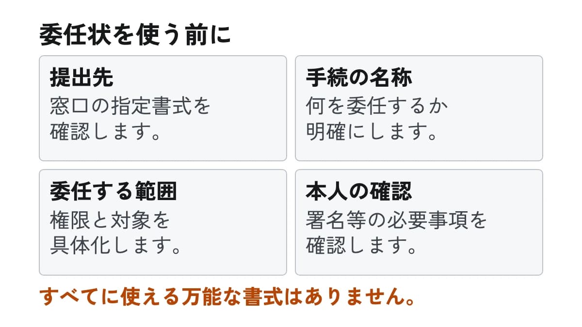 委任状を使う前に。提出先:窓口の指定書式を確認します。 手続の名称:何を委任するか明確にします。 委任する範囲:権限と対象を具体化します。 本人の確認:署名等の必要事項を確認します。