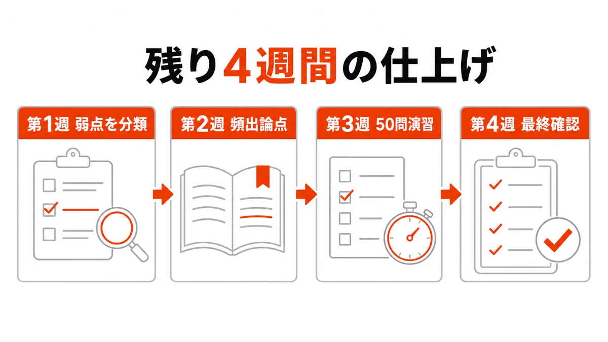 宅建試験までの残り4週間で弱点分類から最終確認まで進める計画