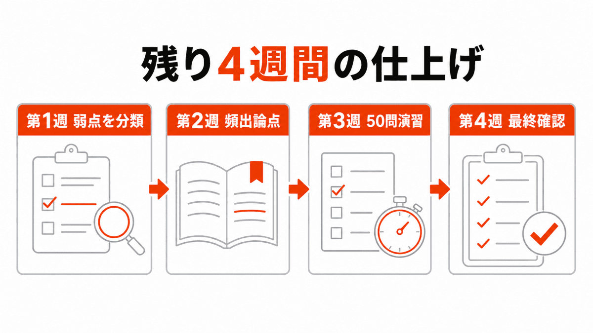 宅建試験までの残り4週間で弱点分類から最終確認まで進める計画