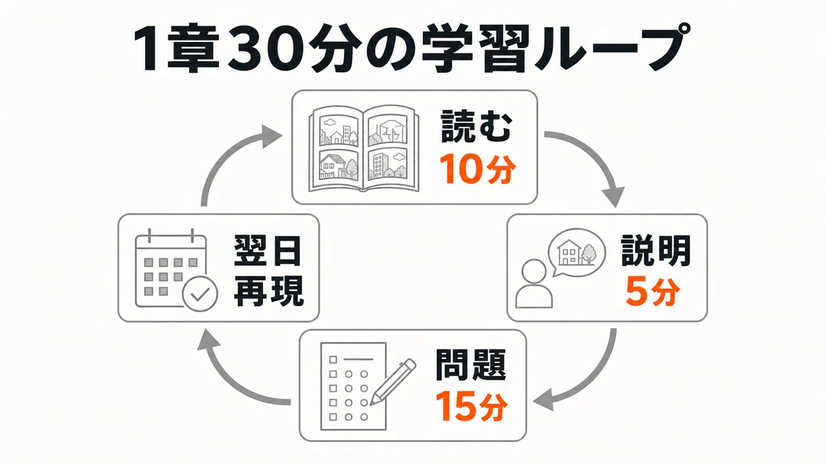 宅建漫画を読む10分、説明5分、問題15分、翌日再現で使う学習ループ