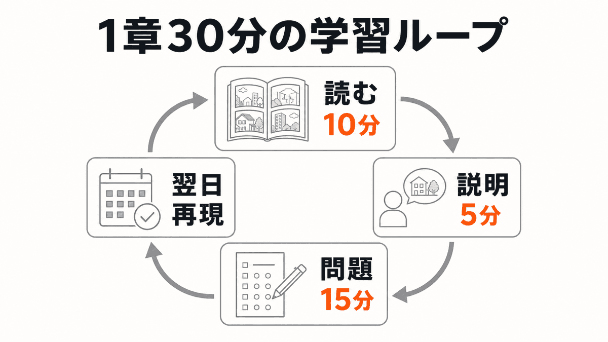 宅建漫画を読む10分、説明5分、問題15分、翌日再現で使う学習ループ