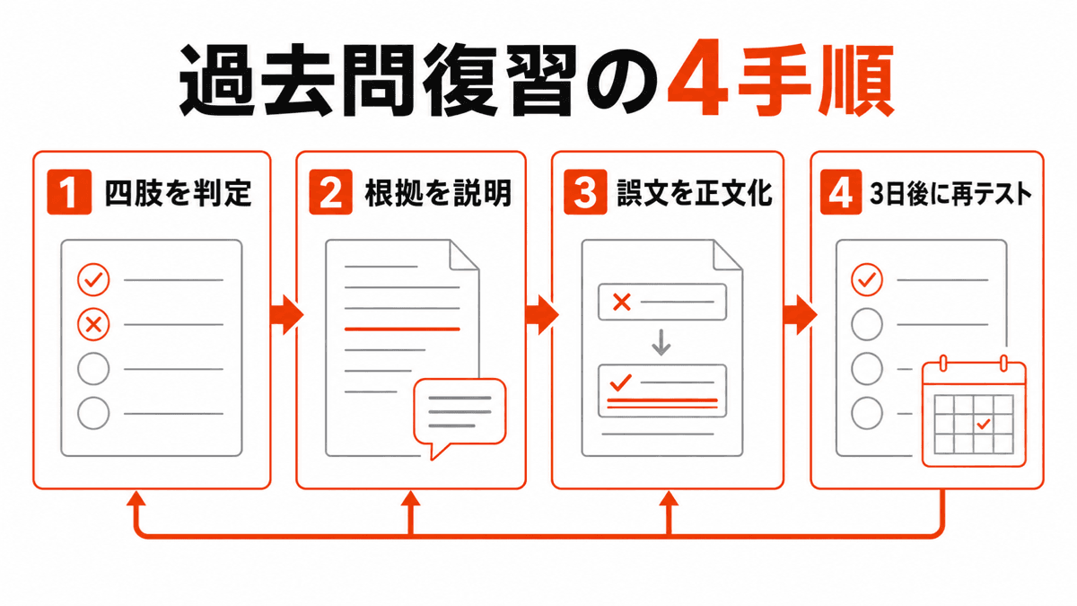 宅建過去問を四肢判定から翌日の再テストまで4段階で復習する流れ