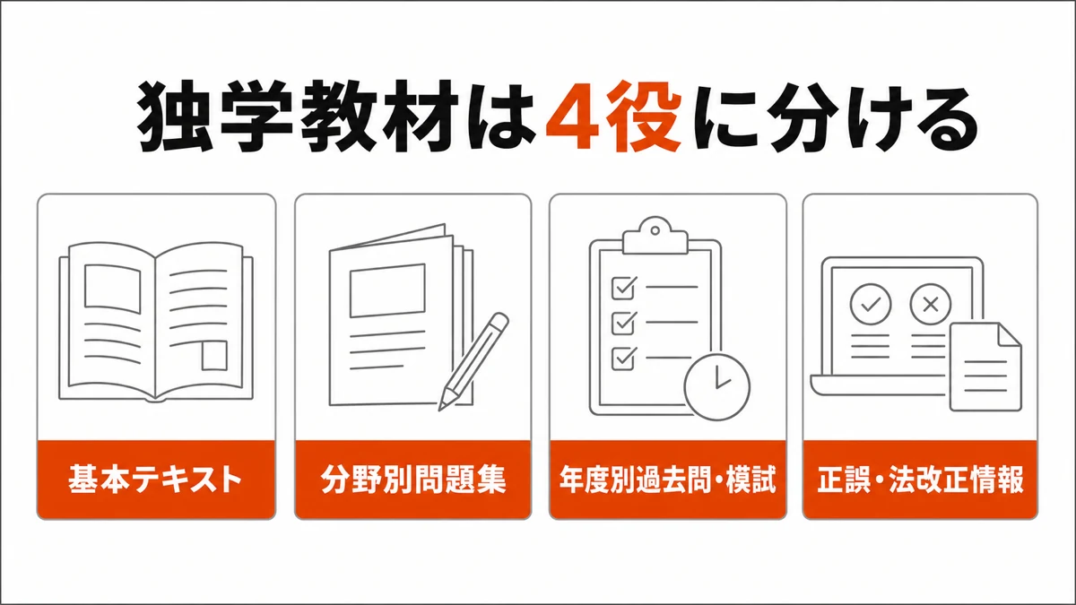 宅建独学の教材を基本テキスト、問題集、本番形式、更新情報の4役に分ける図