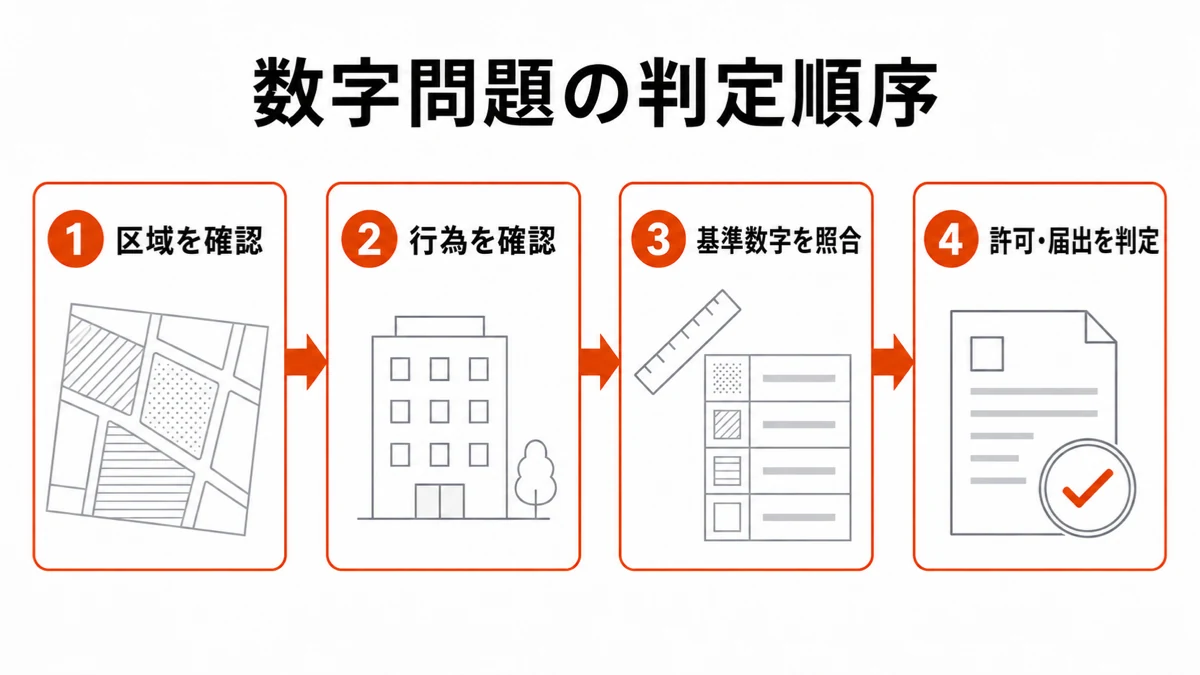 法令上の制限の数字問題を区域、行為、基準数字、手続の順に判定する流れ