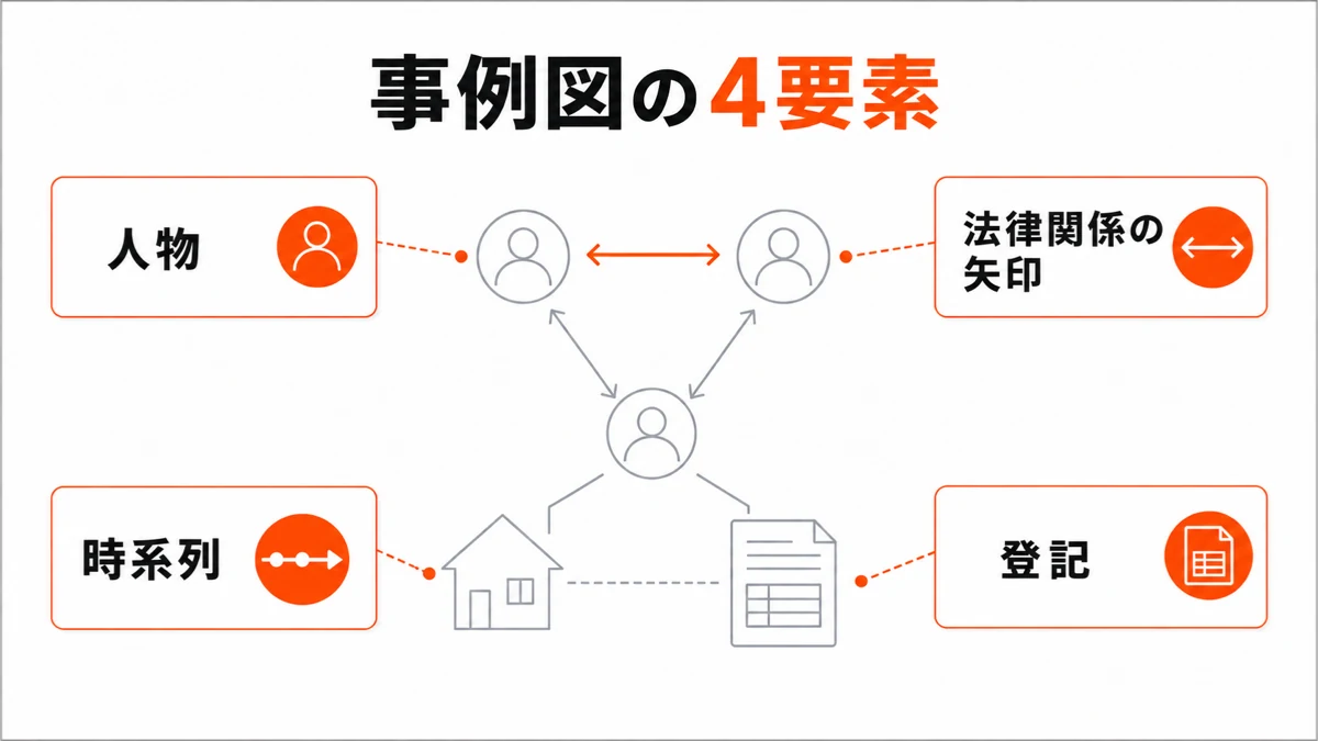 権利関係の事例図に人物、矢印、時系列、登記の4要素を書く方法