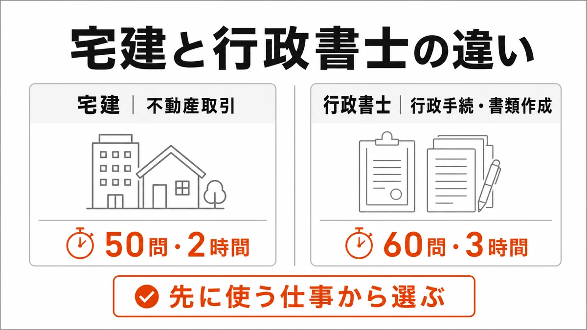 宅建と行政書士を主な仕事と2026年度の試験形式で比較する図