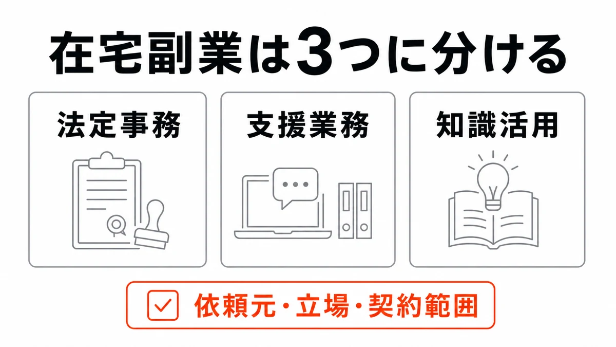 宅建の在宅副業を法定事務、支援業務、知識活用に分けて契約条件を確認する図