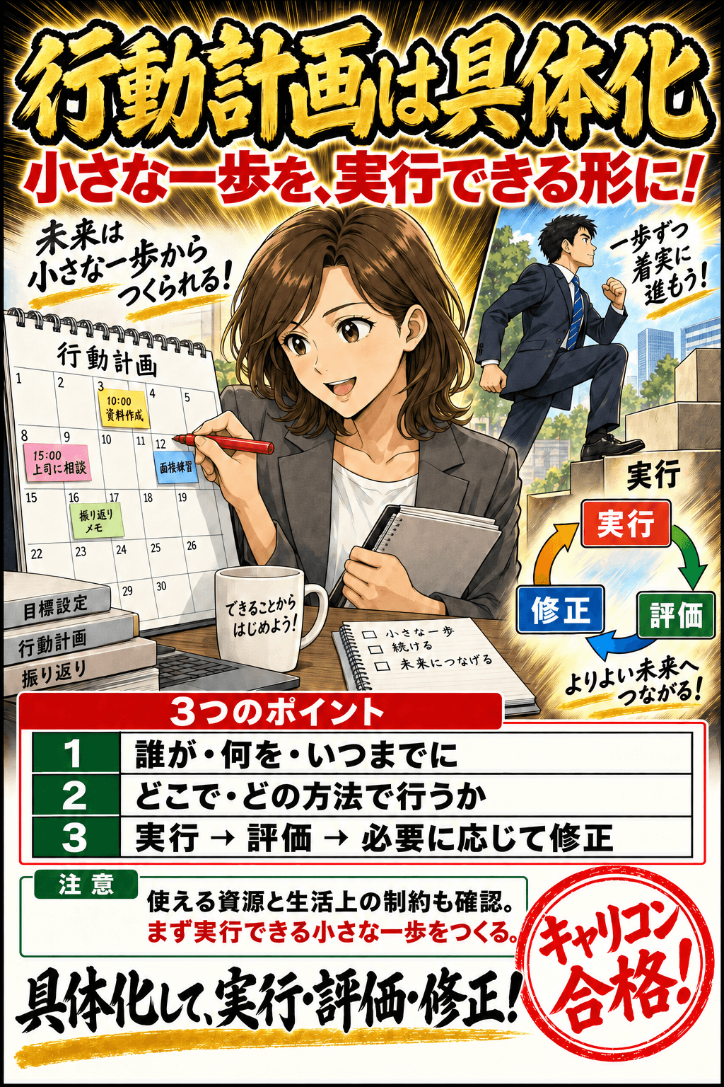 行動計画は具体化。誰が・何を・いつまでに。どこで・どの方法で行うか。実行 → 評価 → 必要に応じて修正。使える資源と生活上の制約も確認。まず実行できる小さな一歩をつくる。