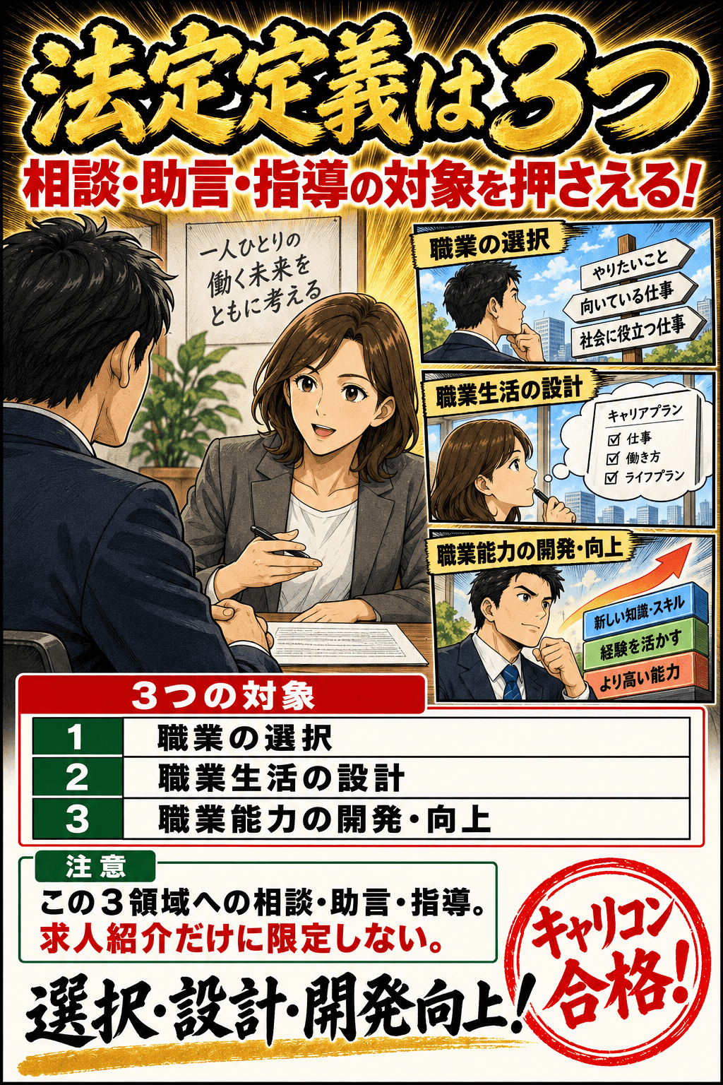 法定定義は3つ。職業の選択。職業生活の設計。職業能力の開発・向上。この3領域への相談・助言・指導。求人紹介だけに限定しない。