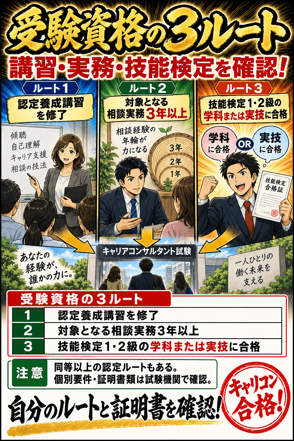 受験資格の3ルート。認定養成講習を修了。対象となる相談実務3年以上。技能検定1・2級の学科または実技に合格。同等以上の認定ルートもある。個別要件・証明書類は試験機関で確認。