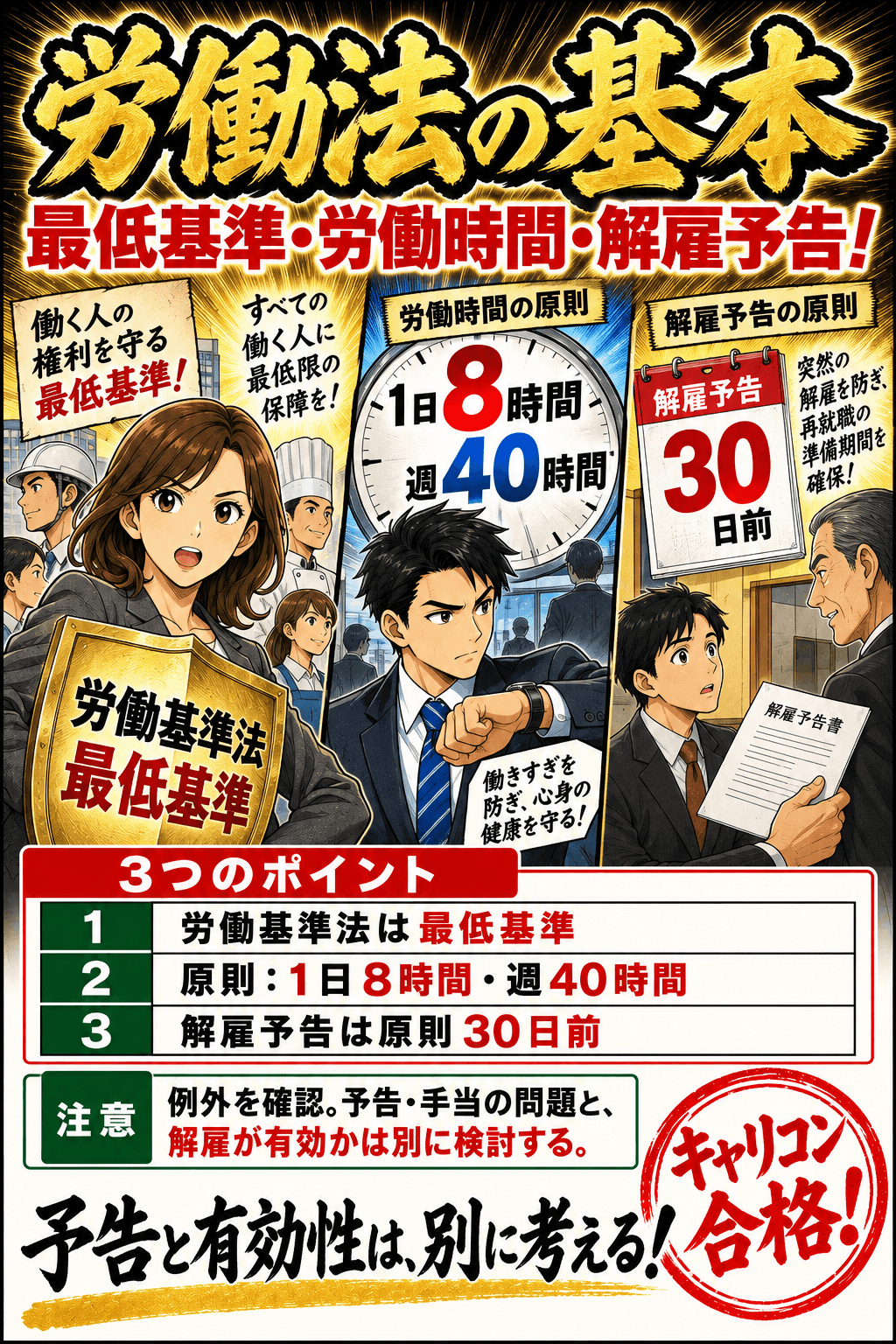 労働法の基本。労働基準法は最低基準。原則:1日8時間・週40時間。解雇予告は原則30日前。例外を確認。予告・手当の問題と、解雇が有効かは別に検討する。