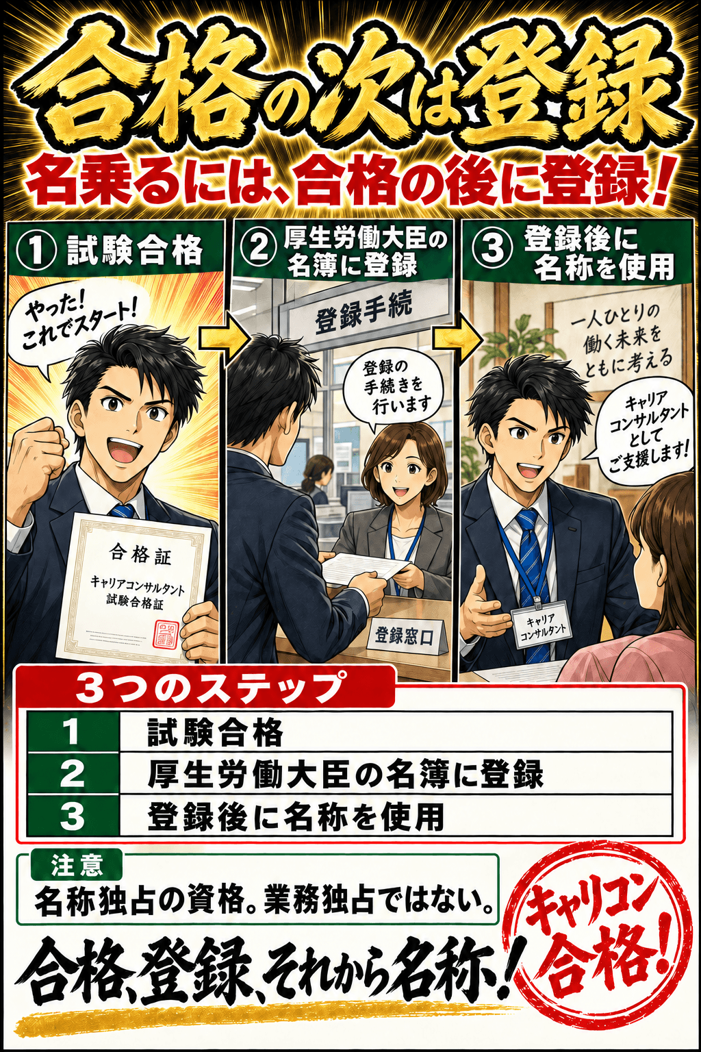 合格の次は登録。試験合格。厚生労働大臣の名簿に登録。登録後に名称を使用。名称独占の資格。業務独占ではない。