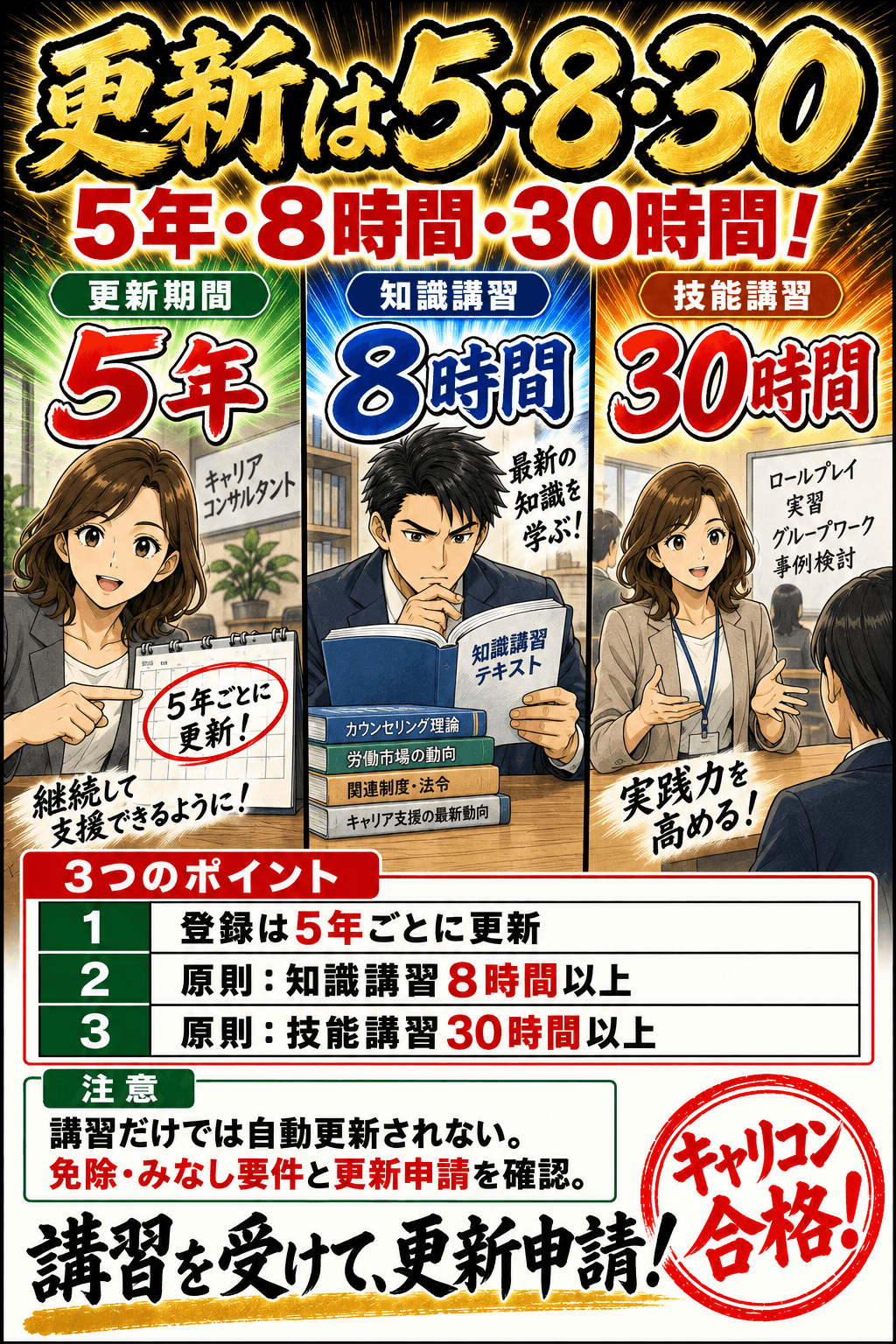 更新は5・8・30。登録は5年ごとに更新。原則:知識講習8時間以上。原則:技能講習30時間以上。講習だけでは自動更新されない。免除・みなし要件と更新申請を確認。