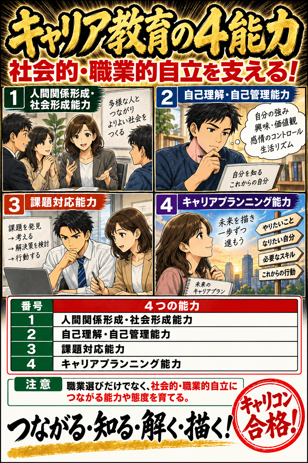 キャリア教育の4能力。人間関係形成・社会形成能力。自己理解・自己管理能力/課題対応能力。キャリアプランニング能力。職業選びだけでなく、社会的・職業的自立につながる能力や態度を育てる。