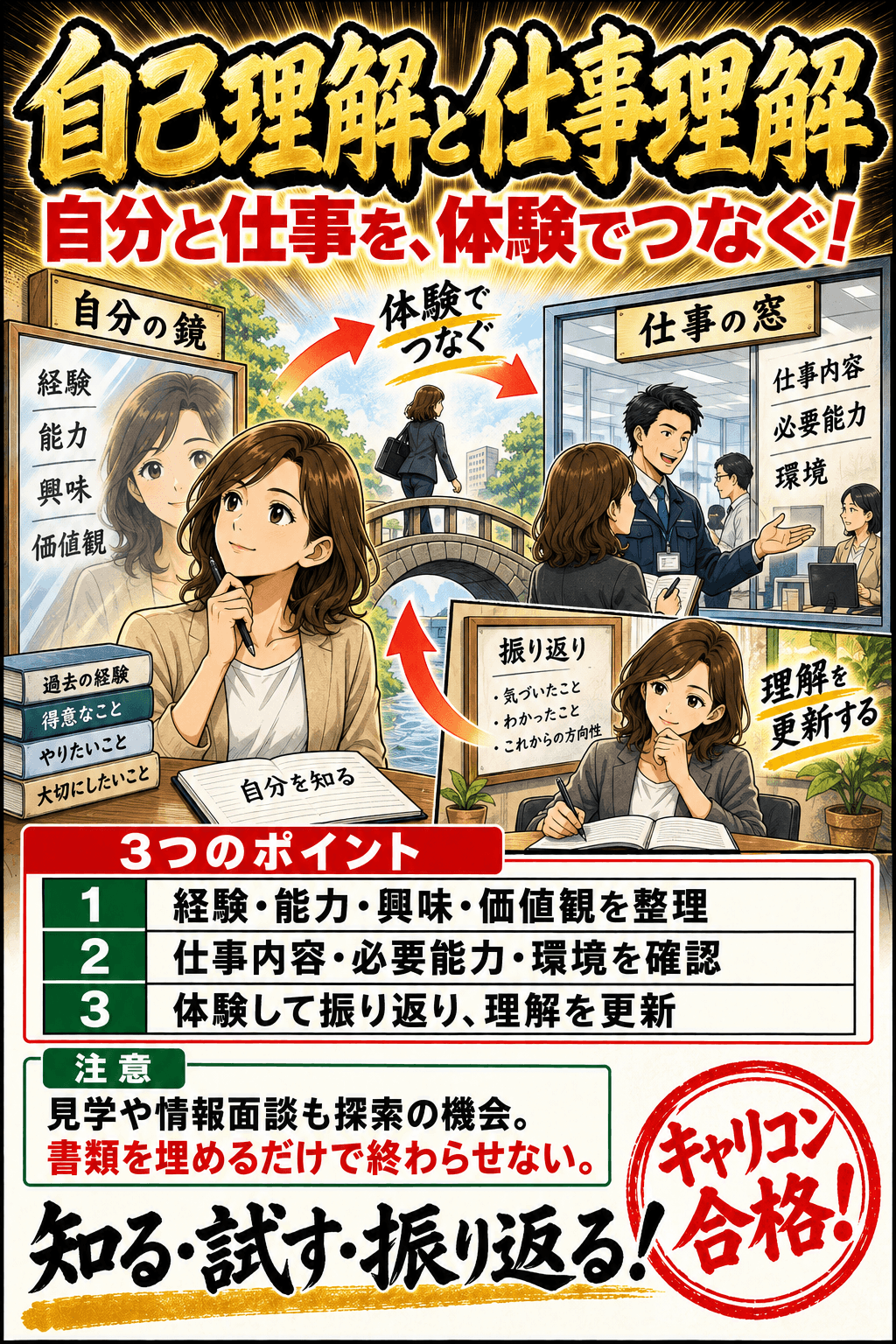 自己理解と仕事理解。経験・能力・興味・価値観を整理。仕事内容・必要能力・環境を確認。体験して振り返り、理解を更新。見学や情報面談も探索の機会。書類を埋めるだけで終わらせない。