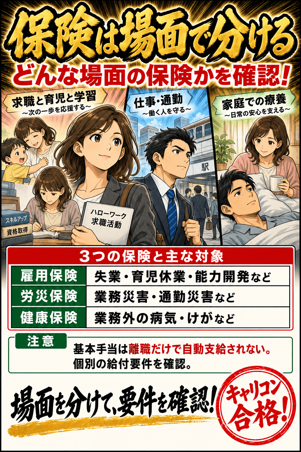 保険は場面で分ける。雇用保険:失業・育児休業・能力開発など。労災保険:業務災害・通勤災害など。健康保険:業務外の病気・けがなど。基本手当は離職だけで自動支給されない。個別の給付要件を確認。