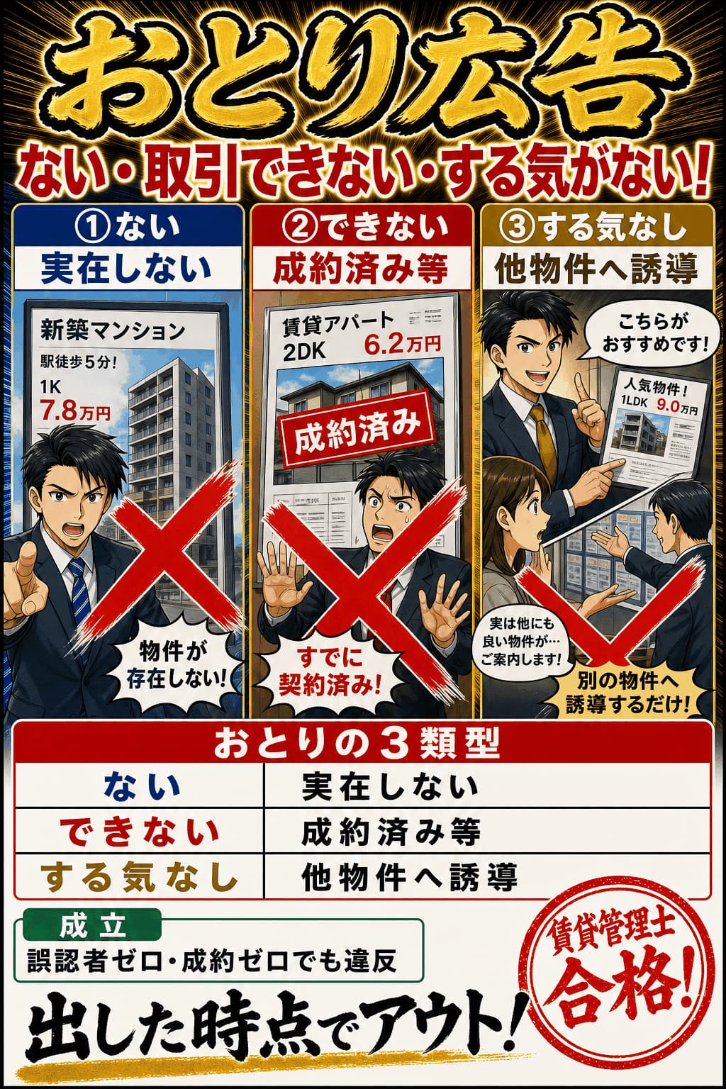 実在しない物件などのおとり広告の3類型を整理した暗記画像