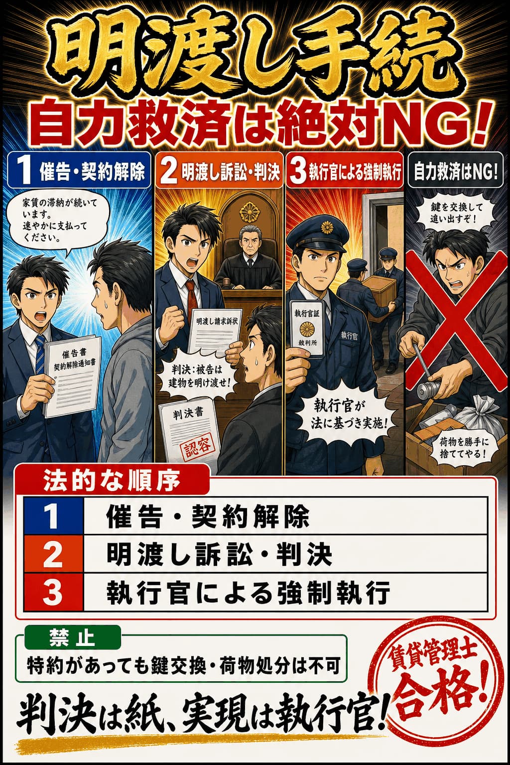 建物明渡しの催告から強制執行までの手続を整理した暗記画像