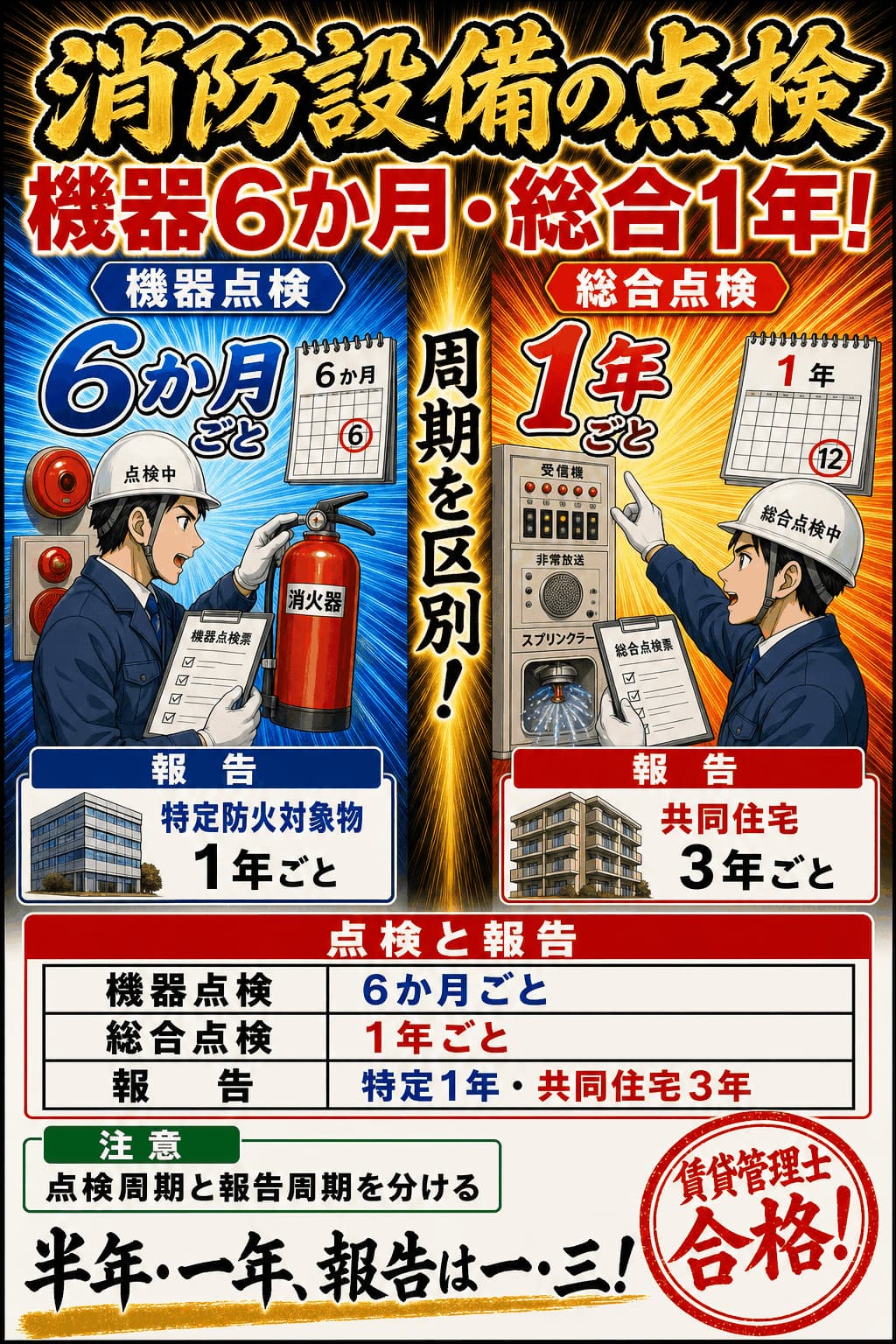 消防用設備の機器点検・総合点検・報告周期を整理した暗記画像