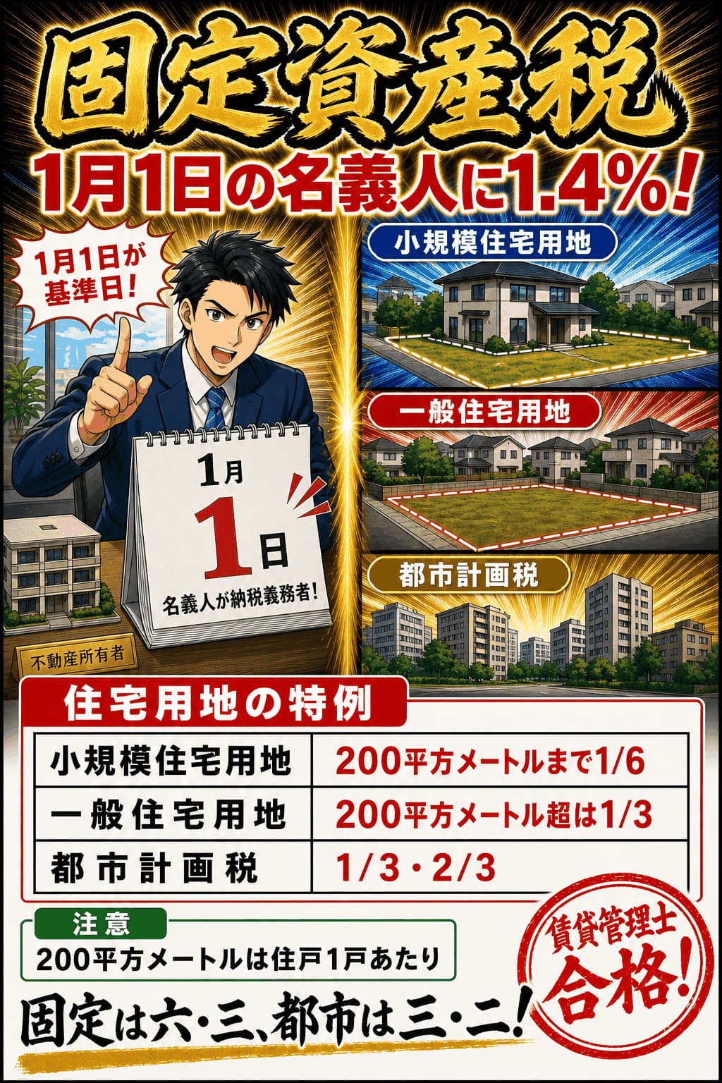 固定資産税の納税義務者と住宅用地の特例を整理した暗記画像