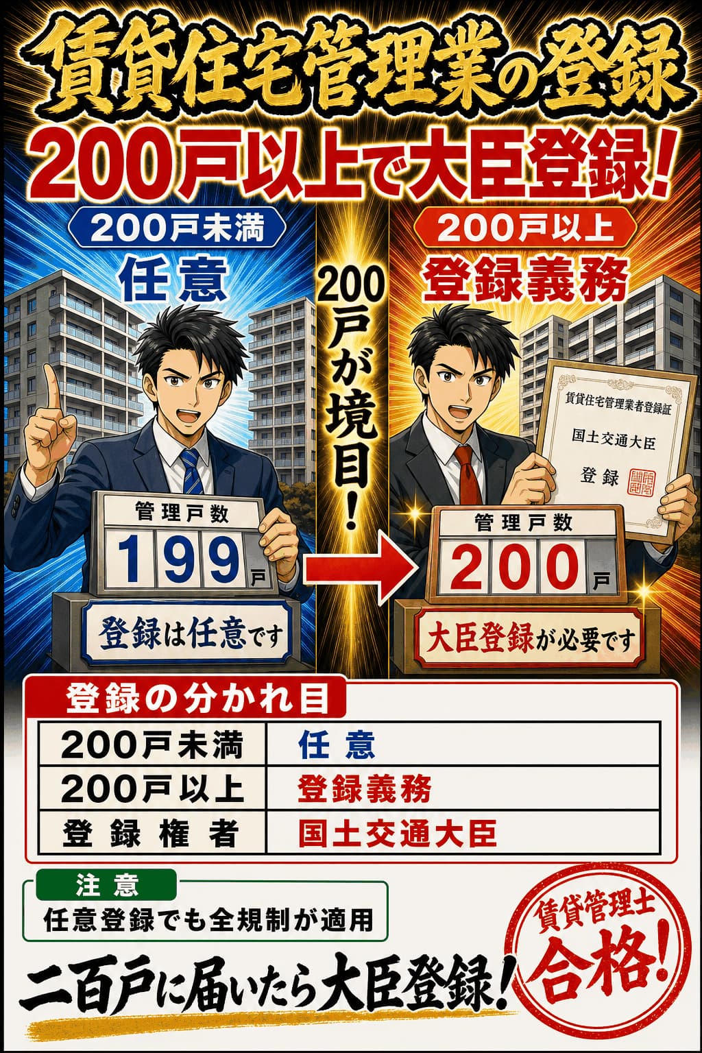 賃貸住宅管理業の200戸以上の登録義務を整理した暗記画像