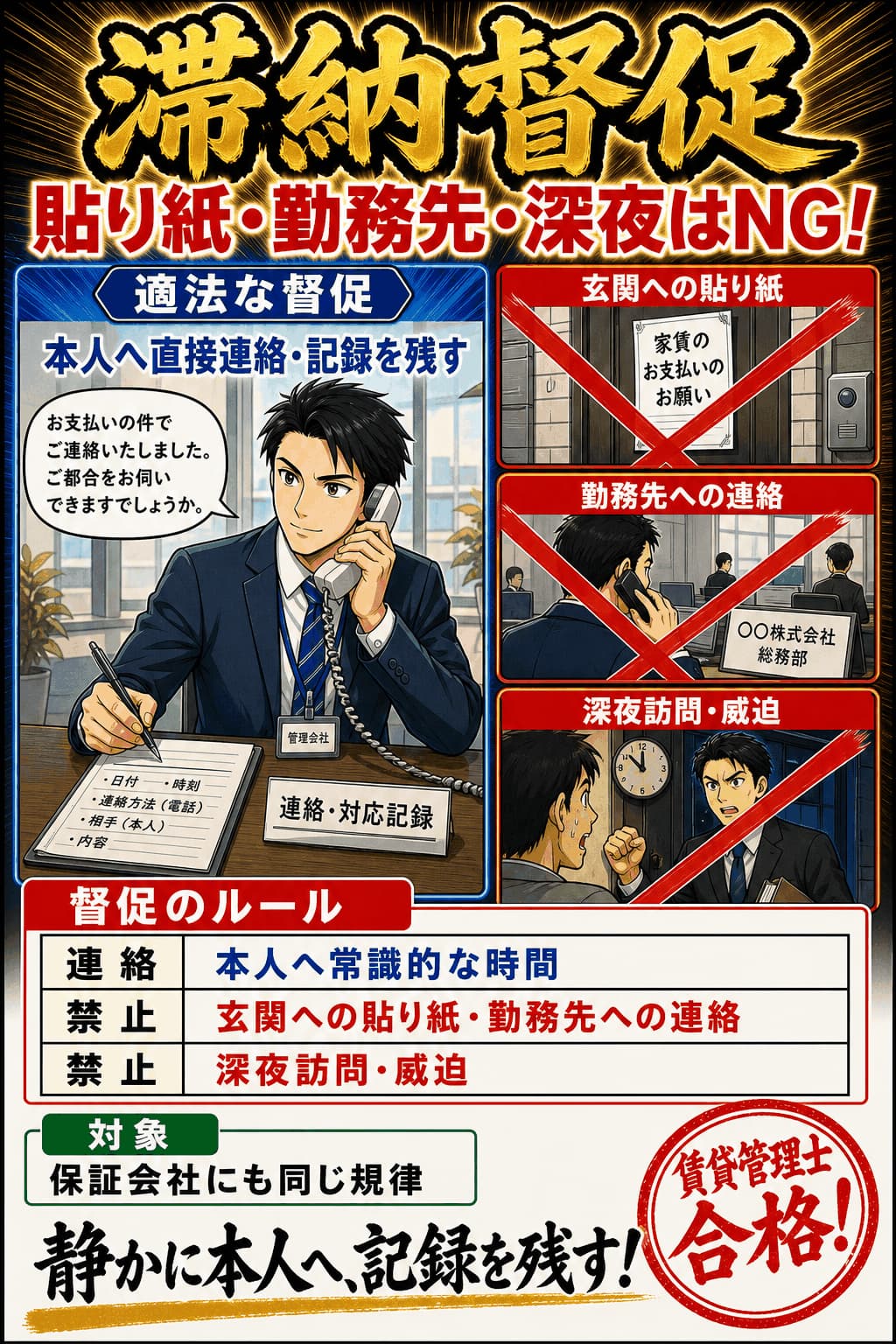 賃料滞納時に禁止される督促行為を整理した暗記画像