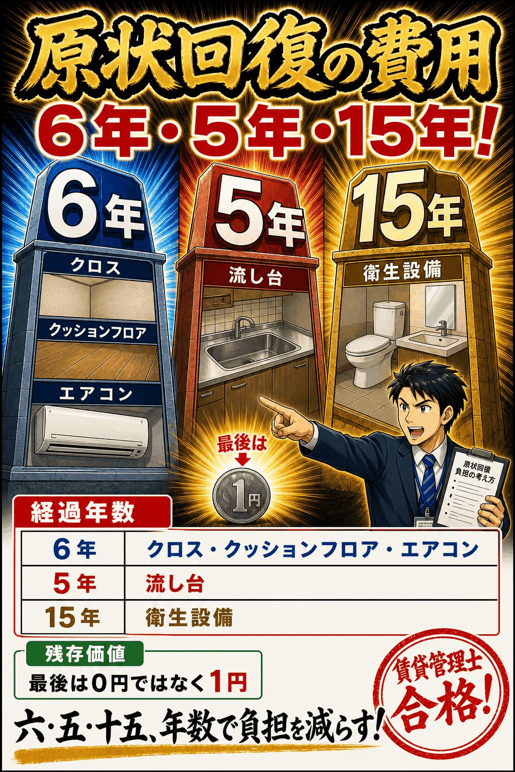 原状回復費用の6年・5年・15年の経過年数を整理した暗記画像