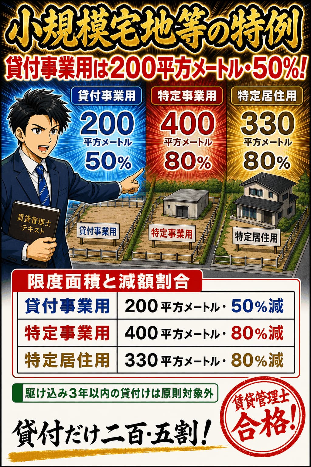 小規模宅地等の特例の限度面積と減額割合を整理した暗記画像
