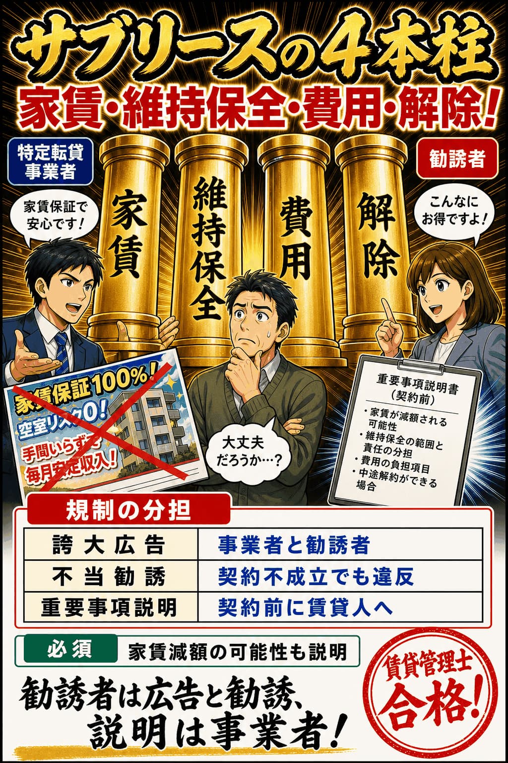 サブリース契約の家賃・維持保全・費用・解除と規制を整理した暗記画像