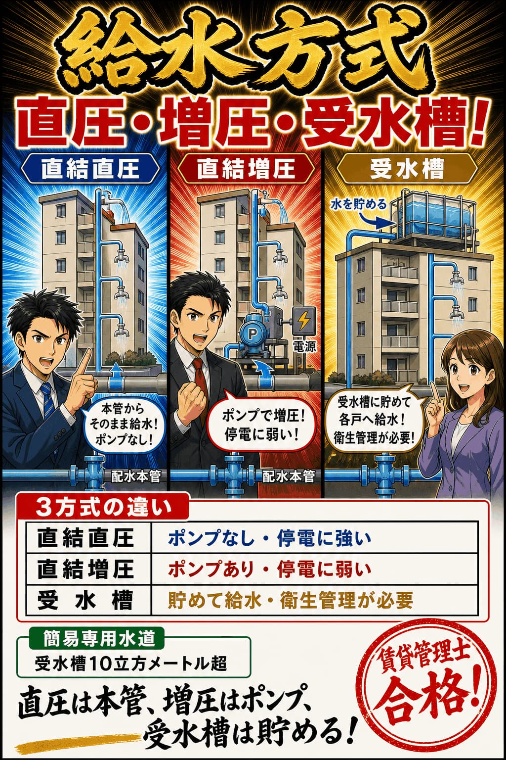 直結直圧・直結増圧・受水槽の給水方式を比較した暗記画像