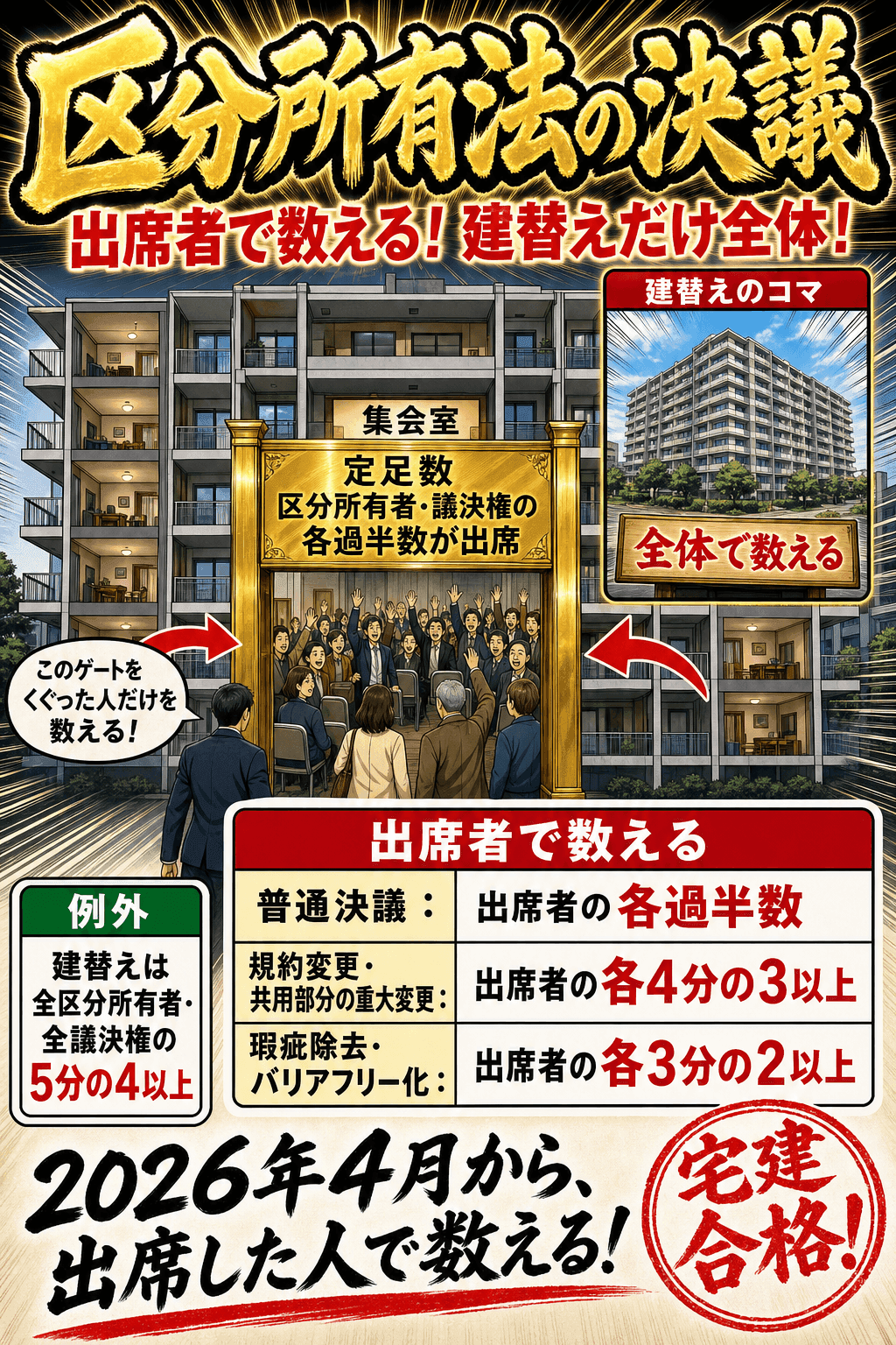 区分所有法の決議に必要な多数決の割合を整理した暗記画像