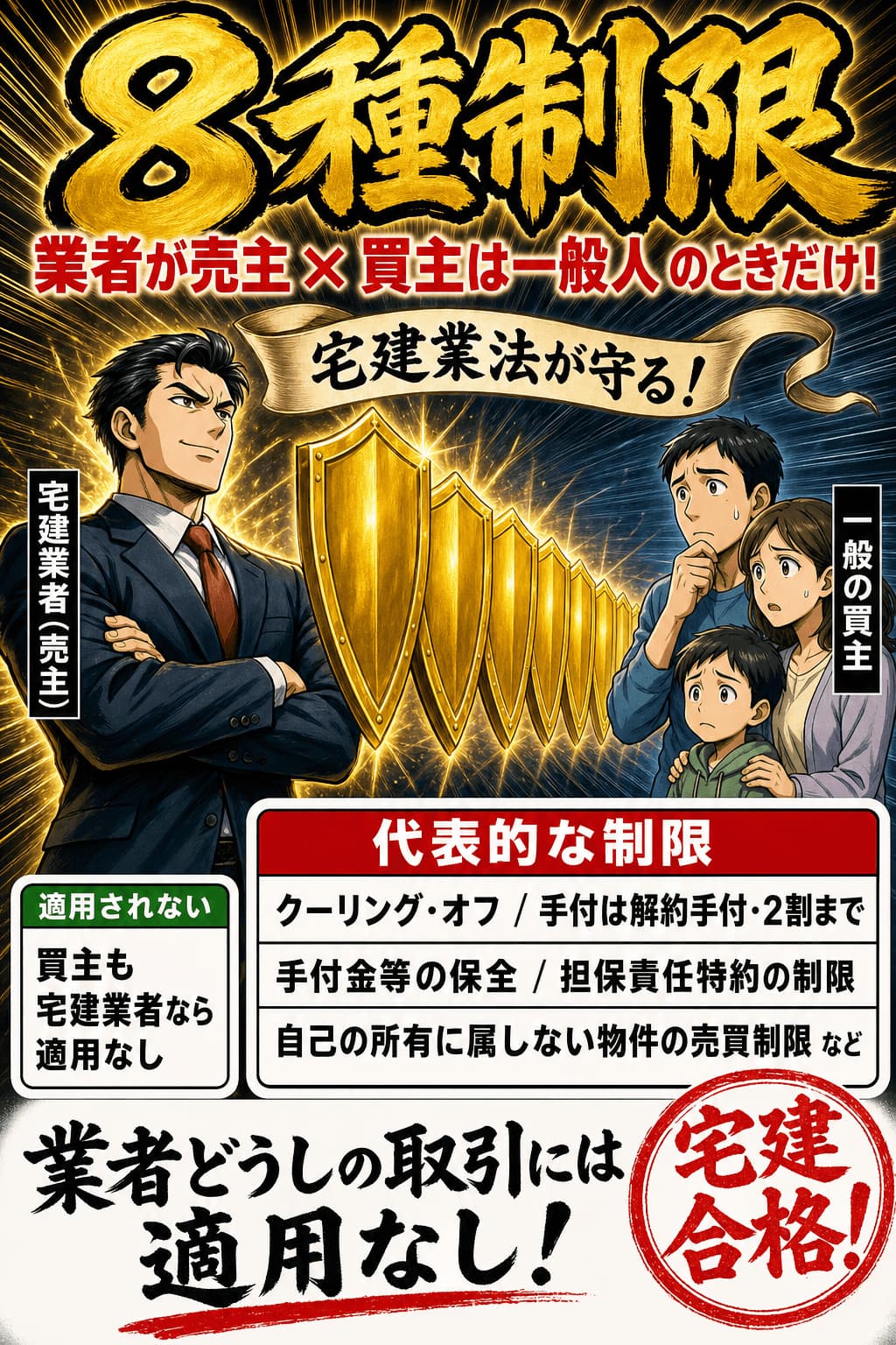 宅建業者が自ら売主となる場合の8種制限を8枚の盾で表した暗記画像