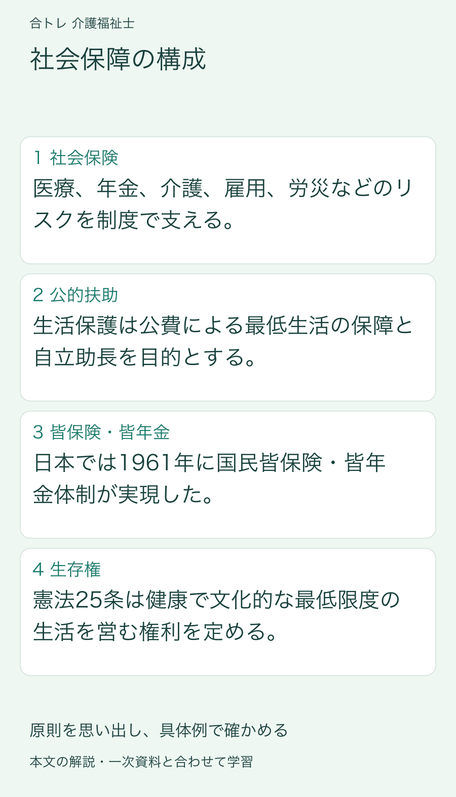 社会保障の構成:医療、年金、介護、雇用、労災などのリスクを制度で支える。 生活保護は公費による最低生活の保障と自立助長を目的とする。 日本では1961年に国民皆保険・皆年金体制が実現した。 憲法25条は健康で文化的な最低限度の生活を営む権利を定める。