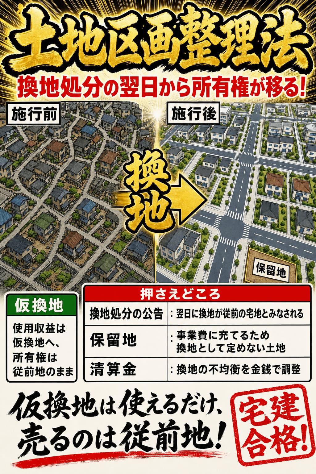 土地区画整理事業の換地処分と仮換地の効果を整理した暗記画像