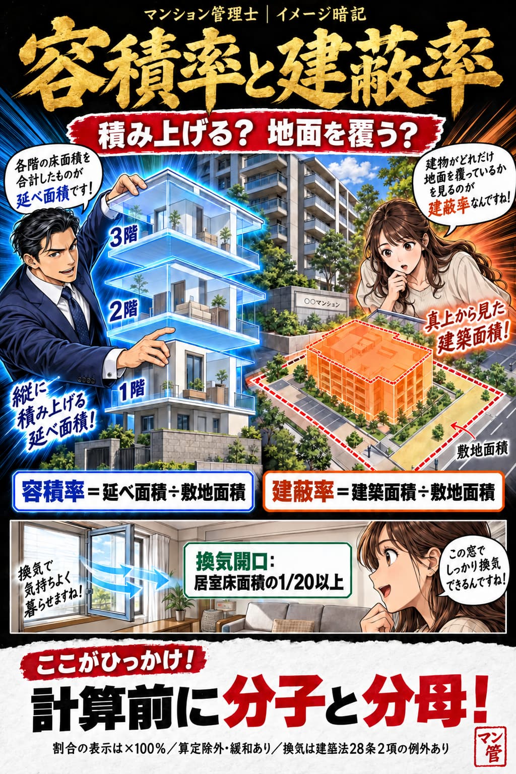 容積率と建蔽率。容積率=延べ面積÷敷地面積。建蔽率=建築面積÷敷地面積。換気開口:居室床面積の1/20以上。計算前に分子と分母! 割合の表示は×100%/算定除外・緩和あり/換気は建基法28条2項の例外あり