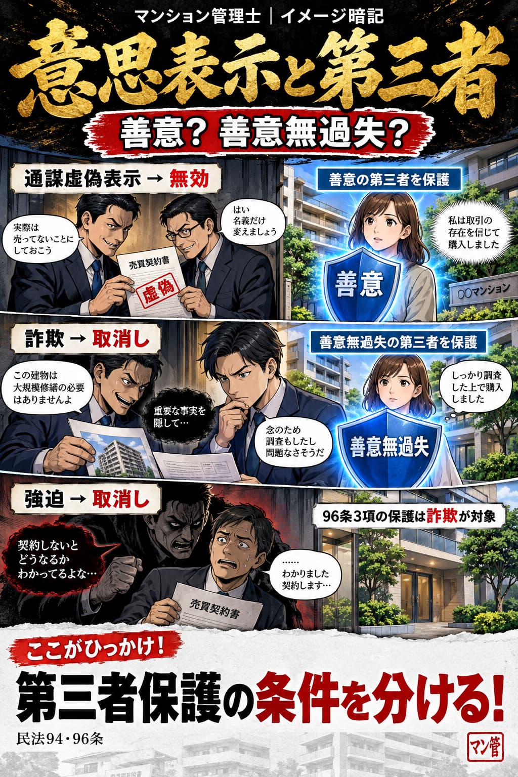 意思表示と第三者。通謀虚偽表示 → 無効。善意の第三者を保護。詐欺 → 取消し。善意無過失の第三者を保護。強迫 → 取消し。96条3項の保護は詐欺が対象。第三者保護の条件を分ける! 民法94・96条