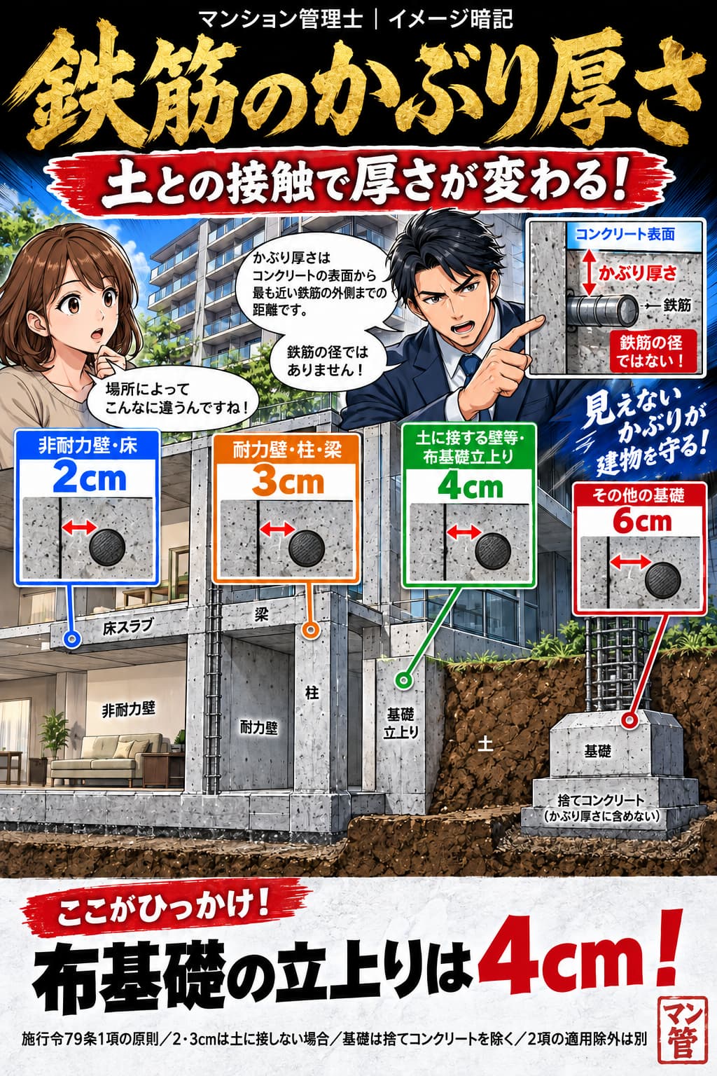 鉄筋のかぶり厚さ。非耐力壁・床 2cm。耐力壁・柱・梁 3cm。土に接する壁等・布基礎立上り 4cm。その他の基礎 6cm。布基礎の立上りは4cm! 施行令79条1項の原則/2・3cmは土に接しない場合/基礎は捨てコンクリートを除く/2項の適用除外は別