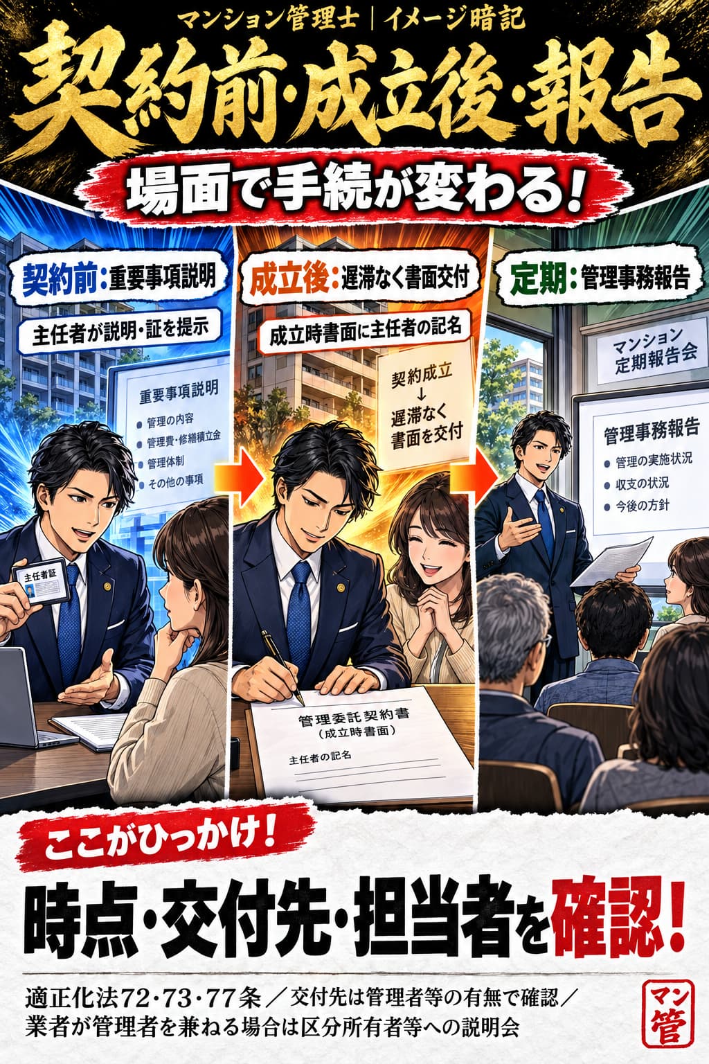 契約前・成立後・報告。契約前:重要事項説明。主任者が説明・証を提示。成立後:遅滞なく書面交付。成立時書面に主任者の記名。定期:管理事務報告。時点・交付先・担当者を確認! 適正化法72・73・77条/交付先は管理者等の有無で確認/業者が管理者を兼ねる場合は区分所有者等への説明会