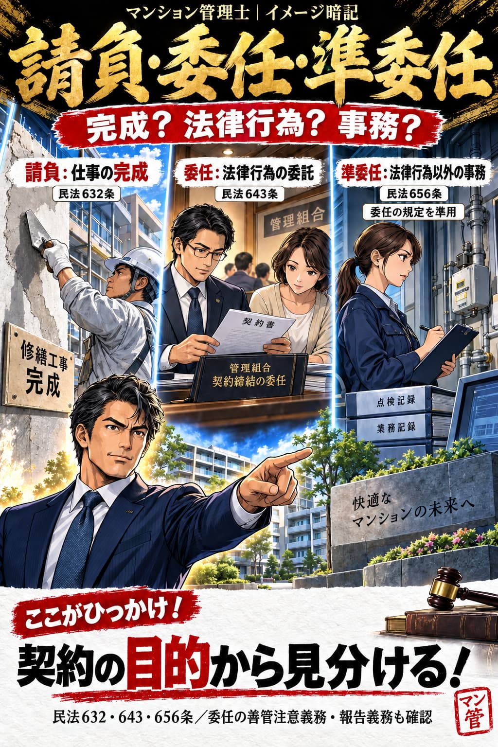 請負・委任・準委任。請負:仕事の完成。委任:法律行為の委託。準委任:法律行為以外の事務。委任の規定を準用。契約の目的から見分ける! 民法632・643・656条/委任の善管注意義務・報告義務も確認