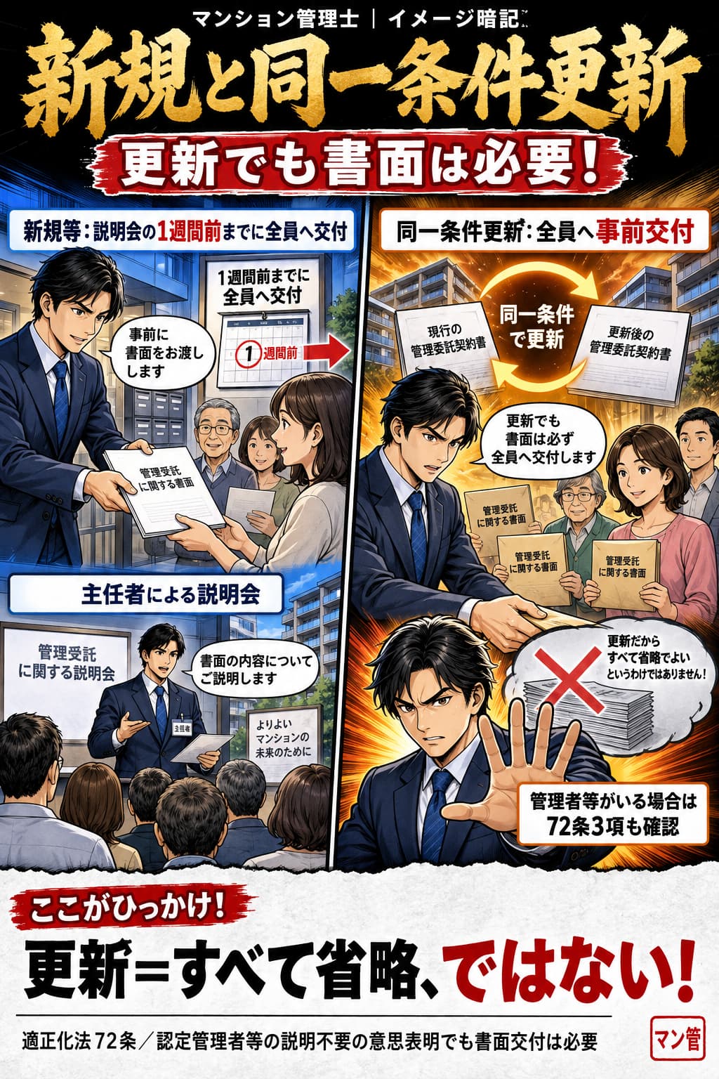 新規と同一条件更新。新規等:説明会の1週間前までに全員へ交付。主任者による説明会。同一条件更新:全員へ事前交付。管理者等がいる場合は72条3項も確認。更新=すべて省略、ではない! 適正化法72条/認定管理者等の説明不要の意思表明でも書面交付は必要