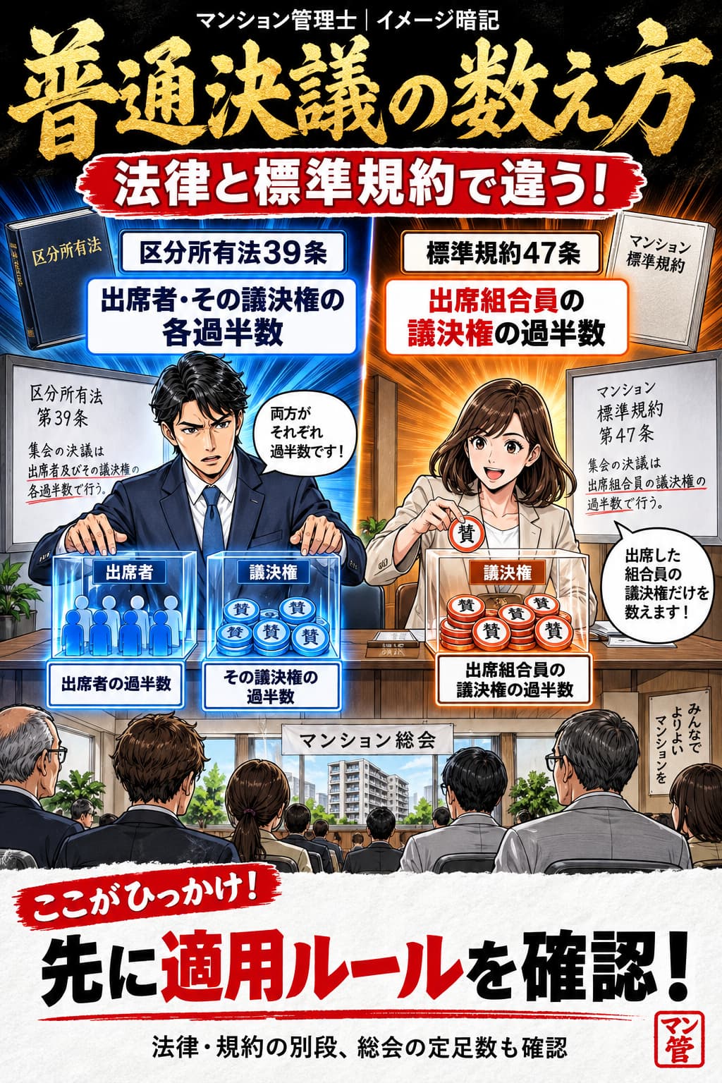 普通決議の数え方。区分所有法39条。出席者・その議決権の各過半数。標準規約47条。出席組合員の議決権の過半数。先に適用ルールを確認! 法律・規約の別段、総会の定足数も確認