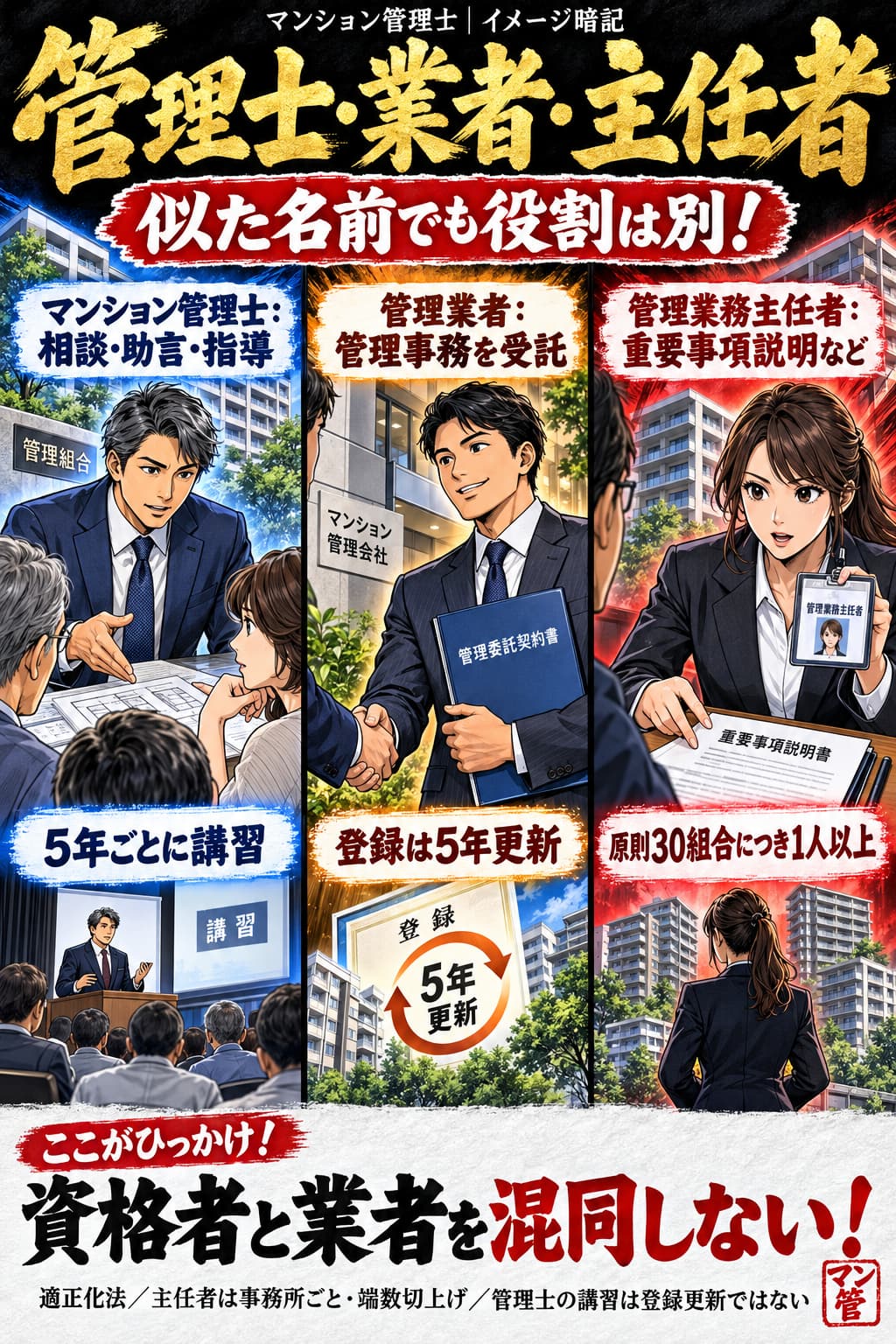 管理士・業者・主任者。マンション管理士:相談・助言・指導。5年ごとに講習。管理業者:管理事務を受託。登録は5年更新。管理業務主任者:重要事項説明など。原則30組合につき1人以上。資格者と業者を混同しない! 適正化法/主任者は事務所ごと・端数切上げ/管理士の講習は登録更新ではない