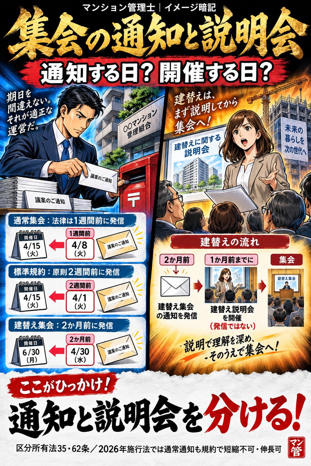 集会の通知と説明会。通常集会:法律は1週間前に発信。標準規約:原則2週間前に発信。建替え集会:2か月前に発信。建替え説明会:1か月前までに開催。通知と説明会を分ける! 区分所有法35・62条/2026年施行法では通常通知も規約で短縮不可・伸長可