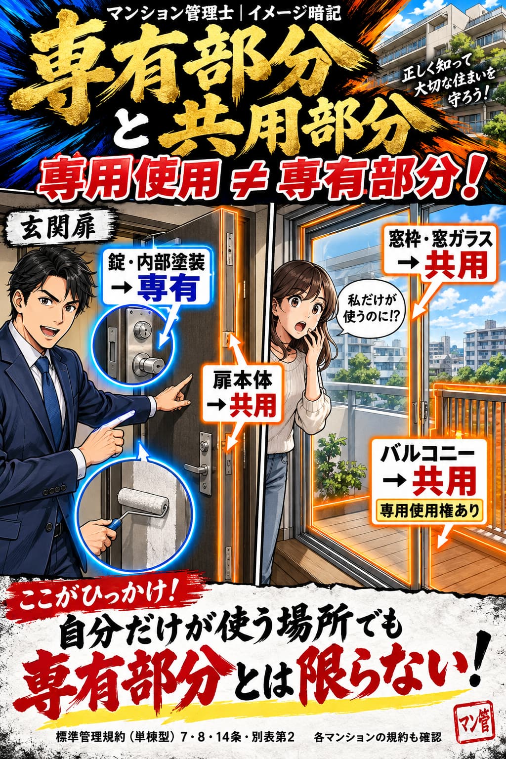 専有部分と共用部分。錠・内部塗装 → 専有。扉本体 → 共用。窓枠・窓ガラス → 共用。バルコニー → 共用。専用使用権あり。自分だけが使う場所でも専有部分とは限らない! 標準管理規約(単棟型)7・8・14条・別表第2/各マンションの規約も確認