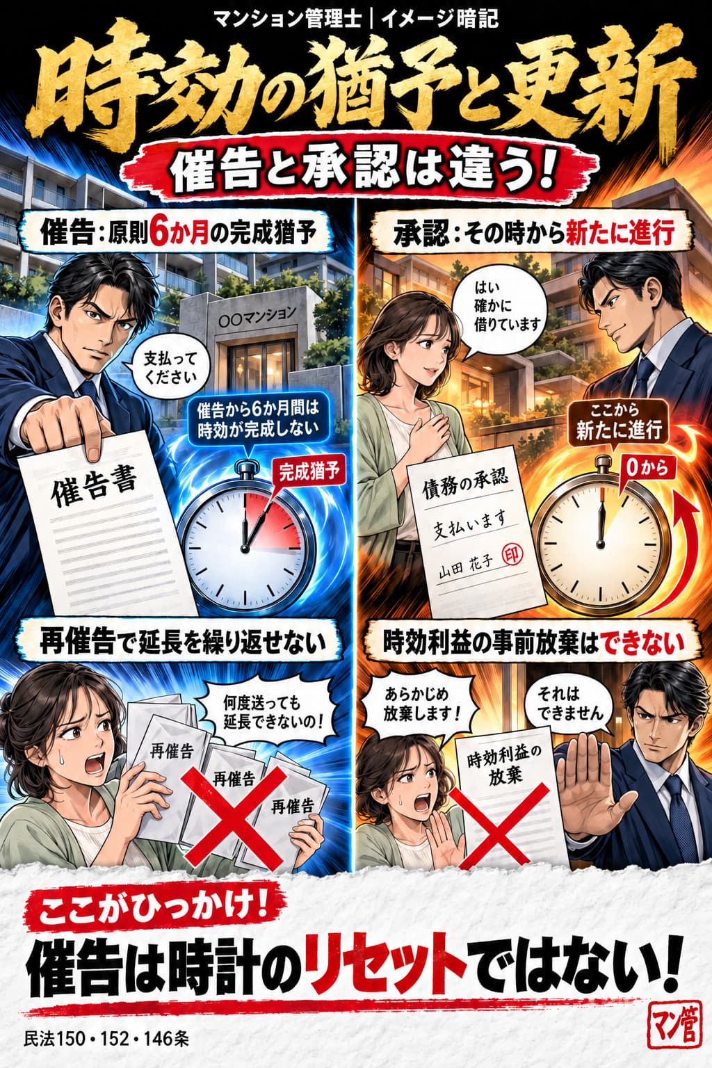 時効の猶予と更新。催告:原則6か月の完成猶予。再催告で延長を繰り返せない。承認:その時から新たに進行。時効利益の事前放棄はできない。催告は時計のリセットではない! 民法150・152・146条