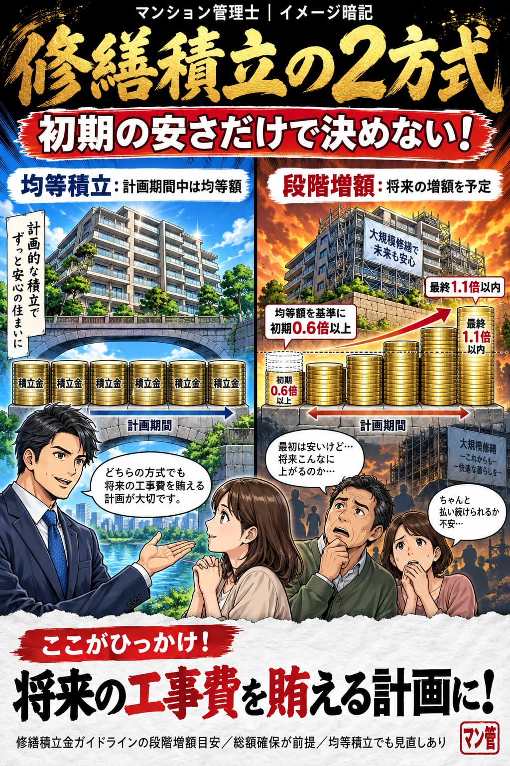 修繕積立の2方式。均等積立:計画期間中は均等額。段階増額:将来の増額を予定。均等額を基準に 初期0.6倍以上。最終1.1倍以内。将来の工事費を賄える計画に! 修繕積立金ガイドラインの段階増額目安/総額確保が前提/均等積立でも見直しあり