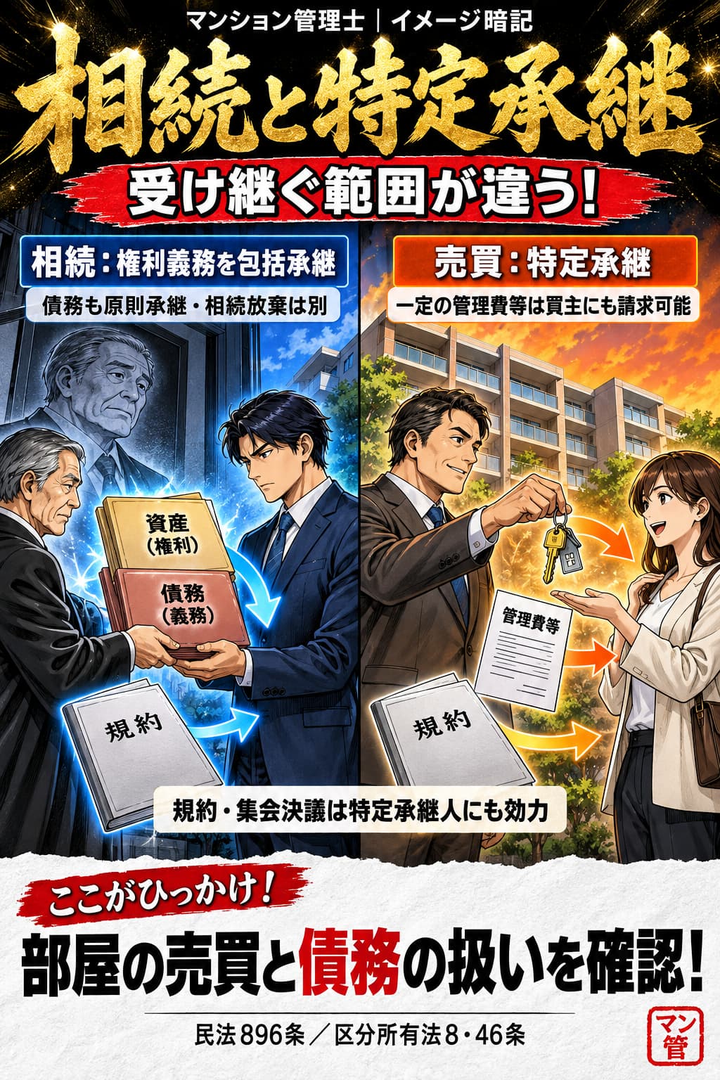相続と特定承継。相続:権利義務を包括承継。債務も原則承継・相続放棄は別。売買:特定承継。一定の管理費等は買主にも請求可能。規約・集会決議は特定承継人にも効力。部屋の売買と債務の扱いを確認! 民法896条/区分所有法8・46条