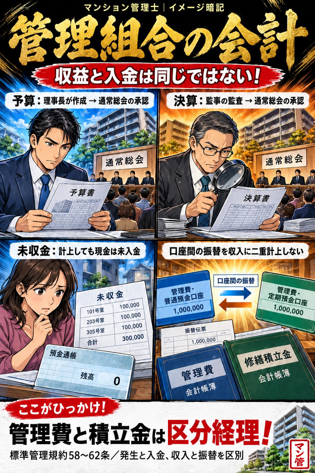 管理組合の会計。予算:理事長が作成 → 通常総会の承認。決算:監事の監査 → 通常総会の承認。未収金:計上しても現金は未入金。口座間の振替を収入に二重計上しない。管理費と積立金は区分経理! 標準管理規約58〜62条/発生と入金、収入と振替を区別